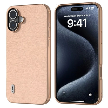 ABEEL For iPhone 16 Case Electroplating Phone Cover Horizon Series Genuine Cow Leather+TPU Protective Case