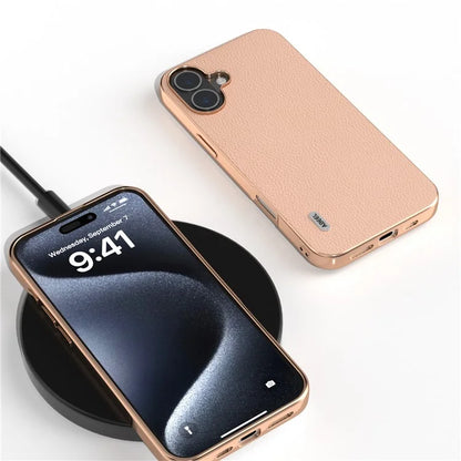 ABEEL For iPhone 16 Case Electroplating Phone Cover Horizon Series Genuine Cow Leather+TPU Protective Case