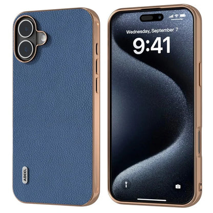 ABEEL For iPhone 16 Case Electroplating Phone Cover Horizon Series Genuine Cow Leather+TPU Protective Case