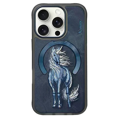 NIMMY For iPhone 16 Pro Max Magnetic Case Embroidery PU Leather Back Cover