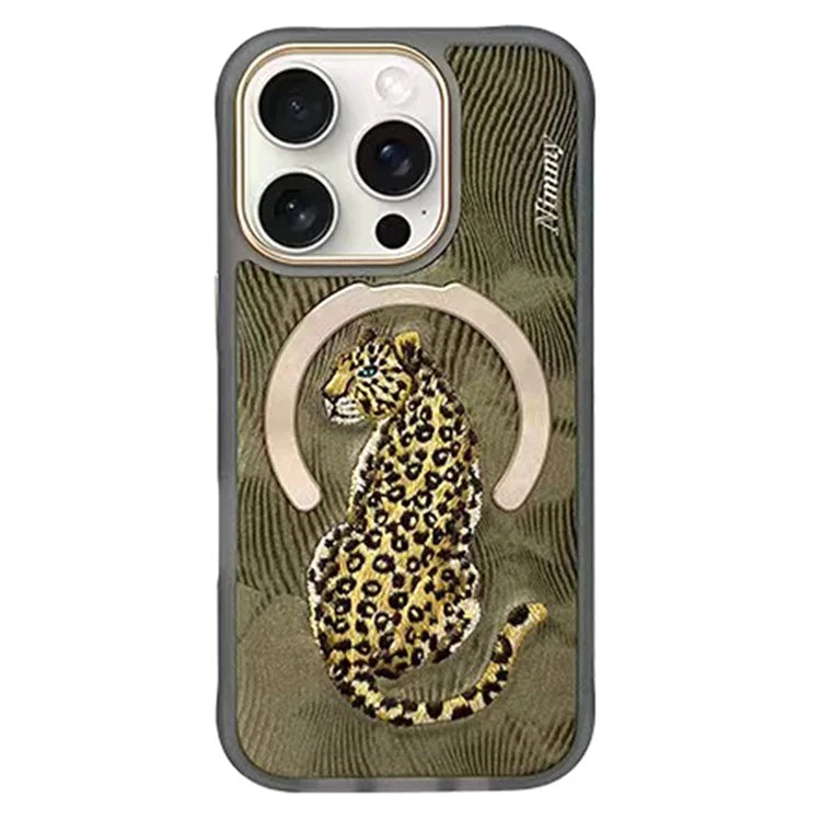 NIMMY For iPhone 16 Pro Magnetic Case Embroidery PU Leather Back Cover