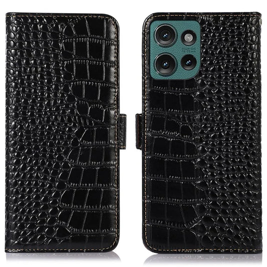 For Motorola Edge 50 5G Case Crocodile Texture Genuine Cow Leather Phone Wallet Cover