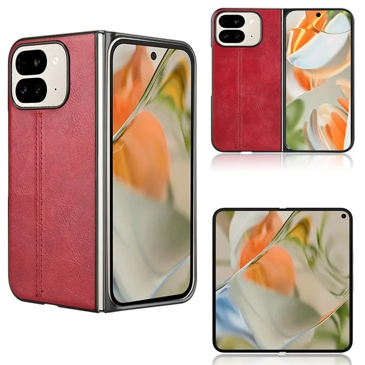 For Google Pixel 9 Pro Fold 5G Case Cowhide Texture Leather+PC Phone Cover Stitching Lines
