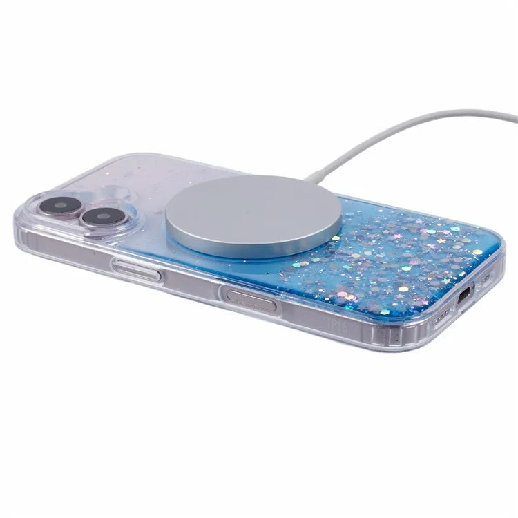 For iPhone 16 Case Compatible with MagSafe Sparkle Epoxy TPU+Acrylic Phone Cover