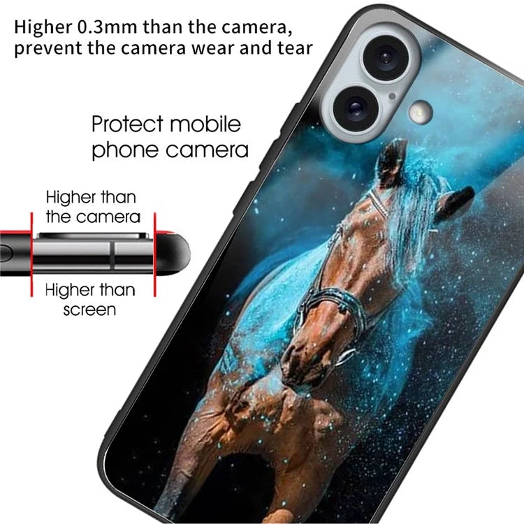 For iPhone 16 Plus Case Tempered Glass TPU Drop-Proof Phone Cover Pattern Printing