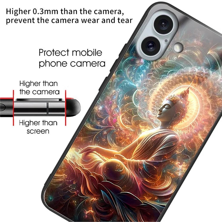 For iPhone 16 Plus Case Tempered Glass TPU Drop-Proof Phone Cover Pattern Printing