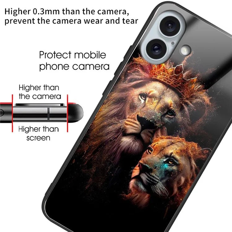 For iPhone 16 Plus Case Tempered Glass TPU Drop-Proof Phone Cover Pattern Printing