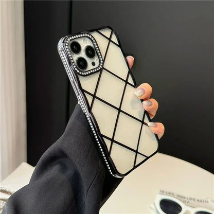 For iPhone 16 Pro Max Case 3D Rhombic Pattern Rhinestones Decor TPU Phone Cover