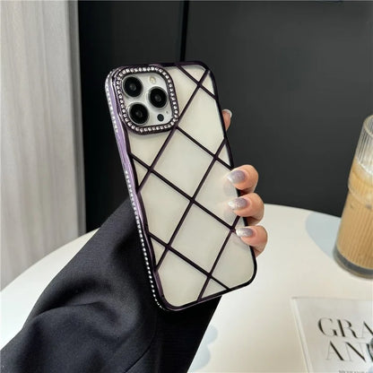 For iPhone 16 Pro Max Case 3D Rhombic Pattern Rhinestones Decor TPU Phone Cover