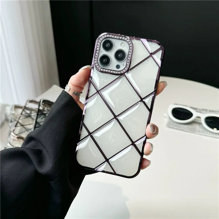 For iPhone 16 Pro Max Case 3D Rhombic Pattern Rhinestones Decor TPU Phone Cover