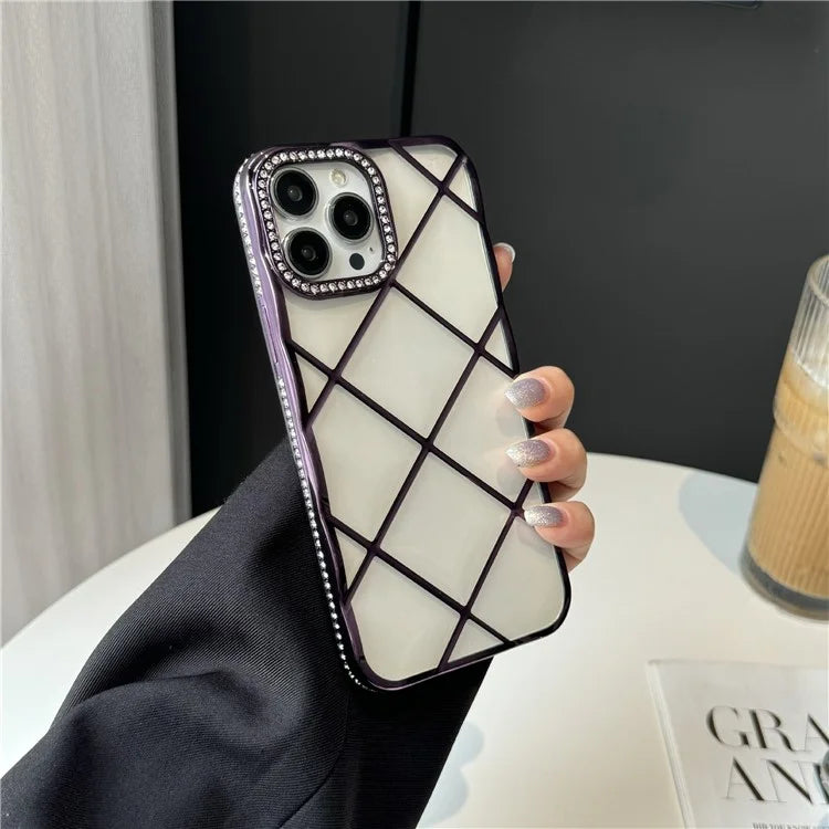 For iPhone 16 Pro Case 3D Rhombic Pattern Rhinestones Decor TPU Phone Cover