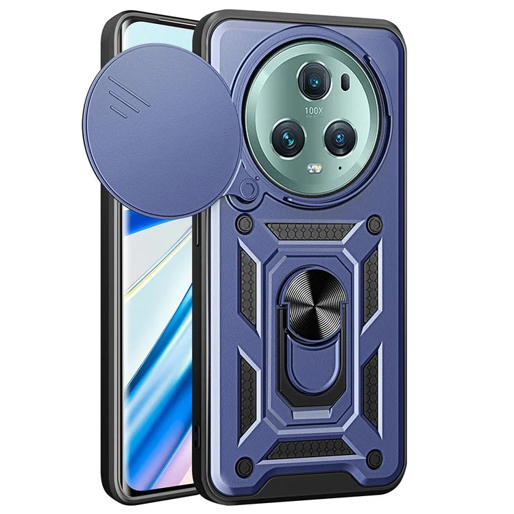 For Honor Magic5 Pro Case with Slide Camera Lid PC+TPU Kickstand Phone Cover