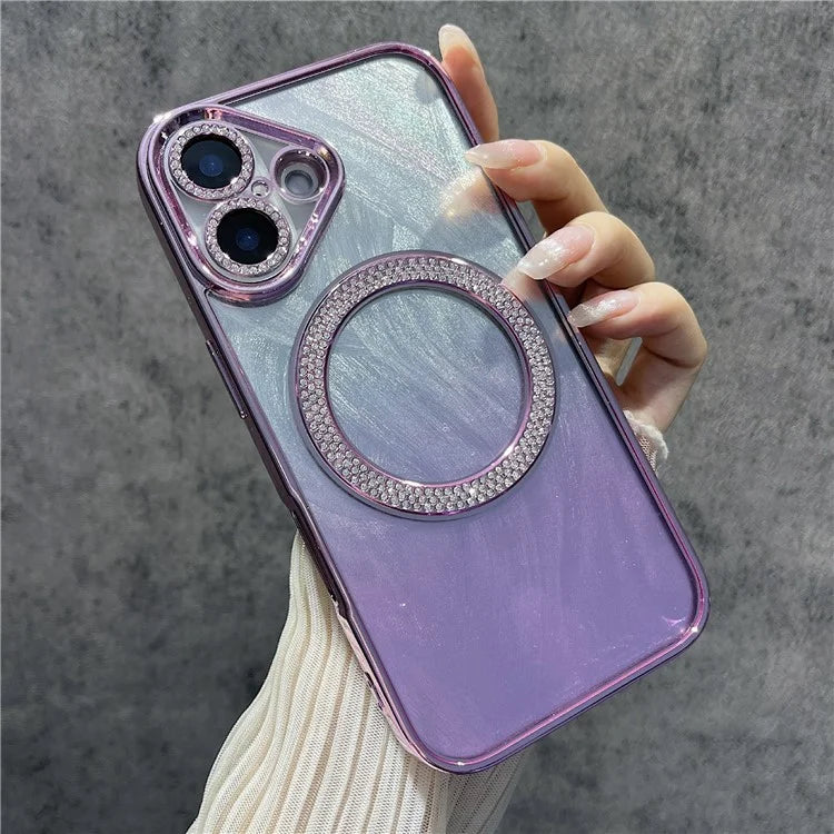For iPhone 16 Magnetic Case Feather Texture Bling Sparkly TPU + PC Phone Cover