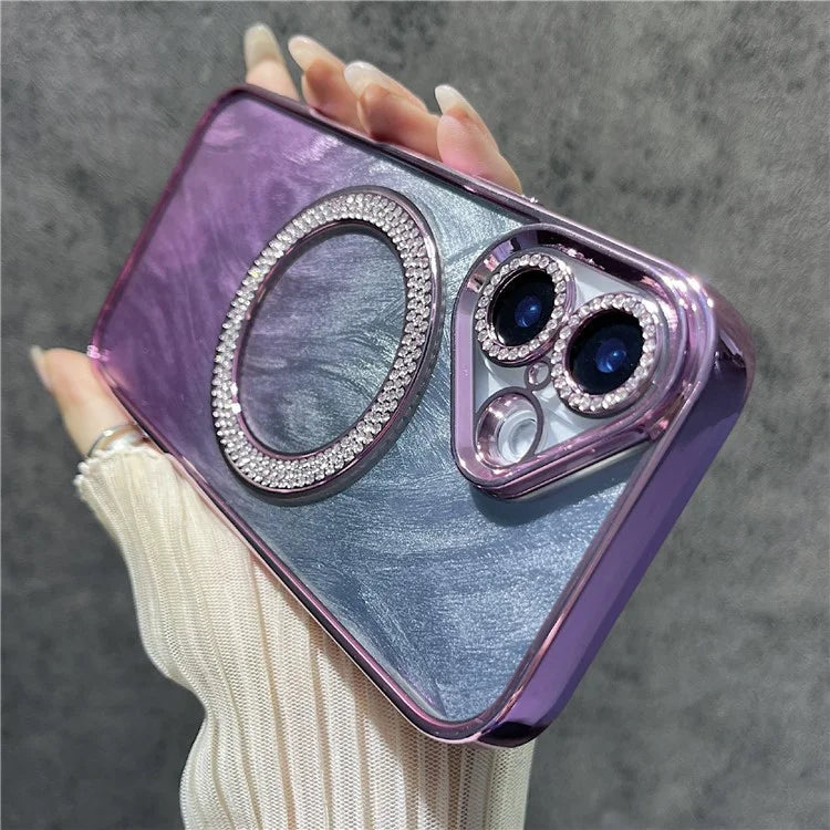 For iPhone 16 Magnetic Case Feather Texture Bling Sparkly TPU + PC Phone Cover