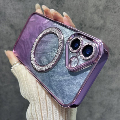 For iPhone 16 Magnetic Case Feather Texture Bling Sparkly TPU + PC Phone Cover