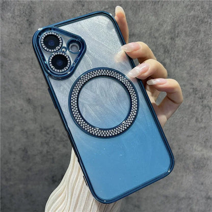 For iPhone 16 Magnetic Case Feather Texture Bling Sparkly TPU + PC Phone Cover