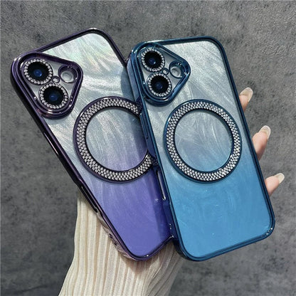 For iPhone 16 Magnetic Case Feather Texture Bling Sparkly TPU + PC Phone Cover