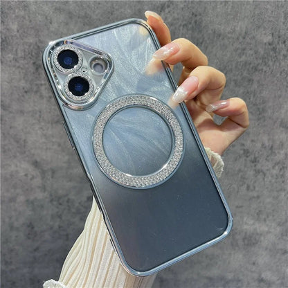 For iPhone 16 Magnetic Case Feather Texture Bling Sparkly TPU + PC Phone Cover