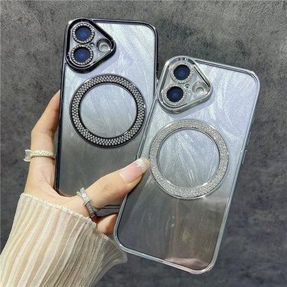 For iPhone 16 Magnetic Case Feather Texture Bling Sparkly TPU + PC Phone Cover