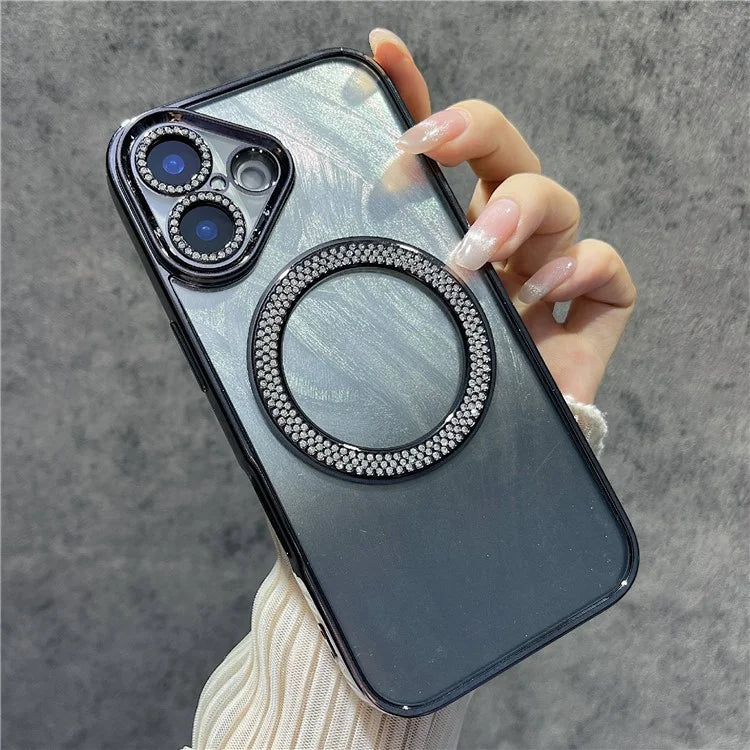 For iPhone 16 Magnetic Case Feather Texture Bling Sparkly TPU + PC Phone Cover