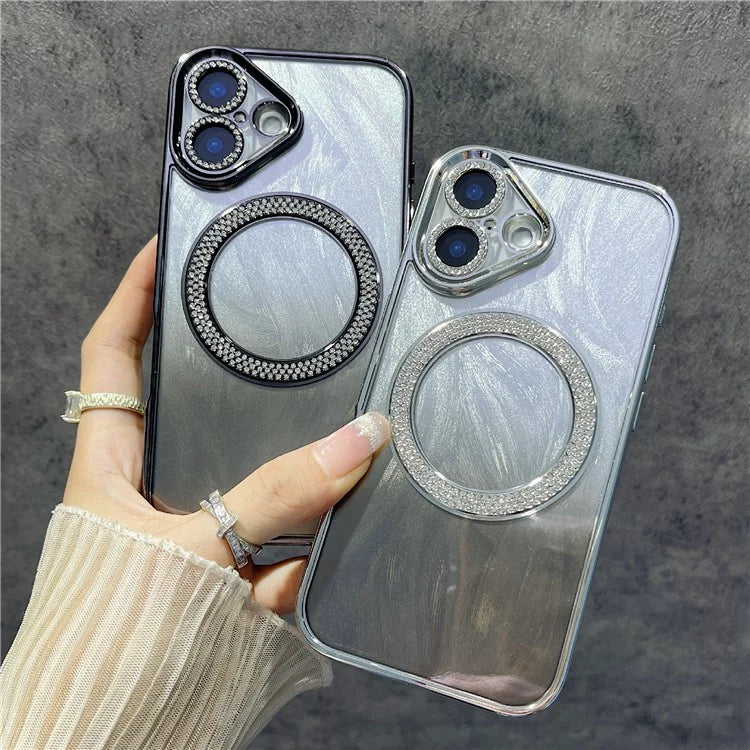 For iPhone 16 Plus Magnetic Case Feather Texture Bling Sparkly TPU + PC Phone Cover