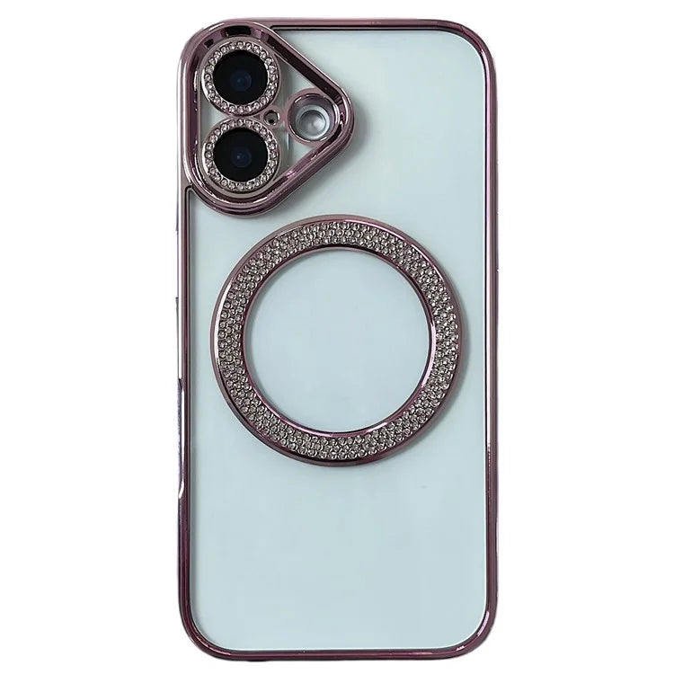 For iPhone 16 Magnetic Case Bling Rhinestone Clear TPU + PC Phone Cover