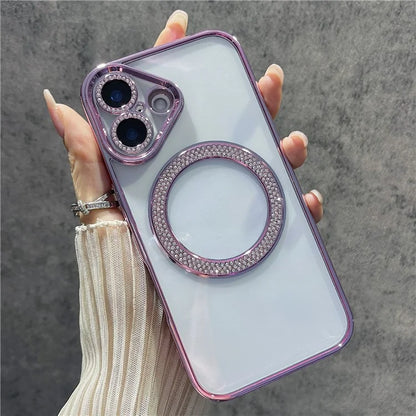 For iPhone 16 Magnetic Case Bling Rhinestone Clear TPU + PC Phone Cover