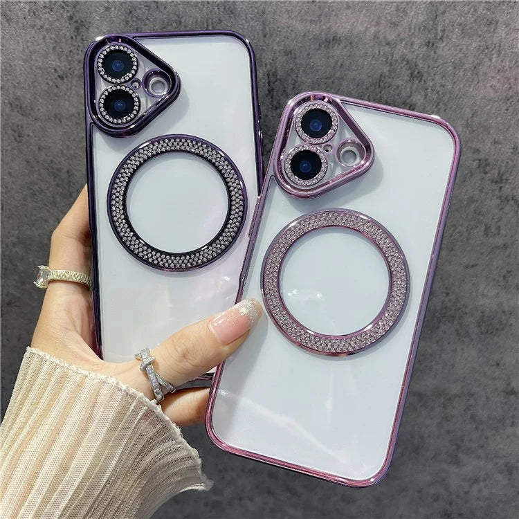 For iPhone 16 Magnetic Case Bling Rhinestone Clear TPU + PC Phone Cover