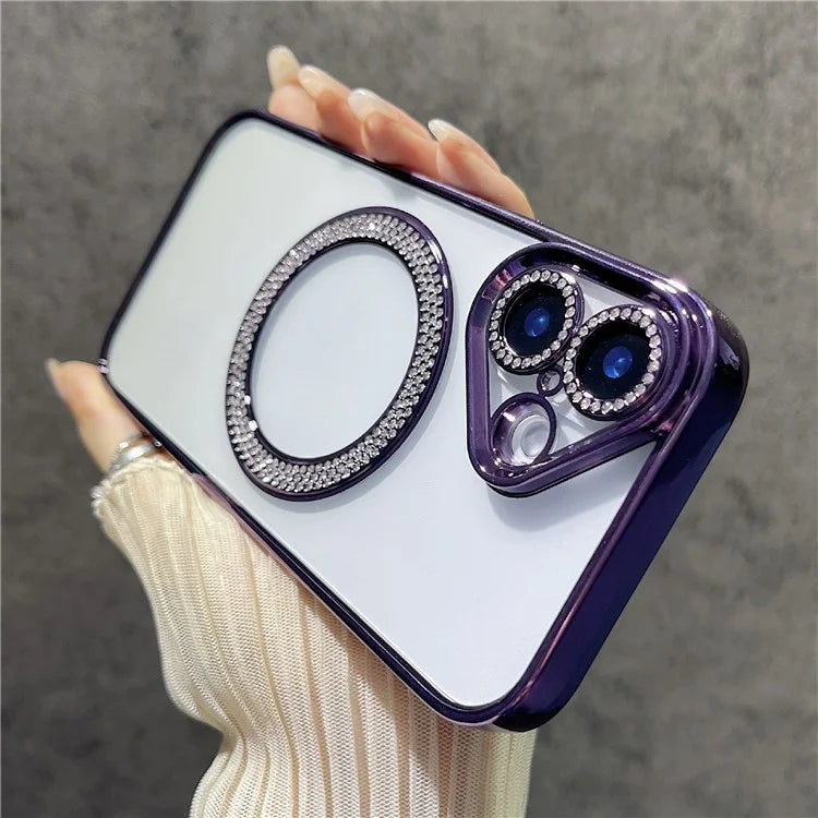 For iPhone 16 Magnetic Case Bling Rhinestone Clear TPU + PC Phone Cover