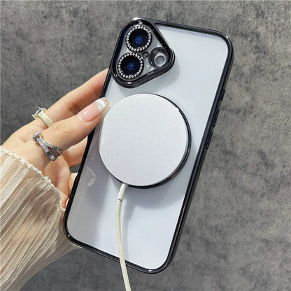 For iPhone 16 Magnetic Case Bling Rhinestone Clear TPU + PC Phone Cover