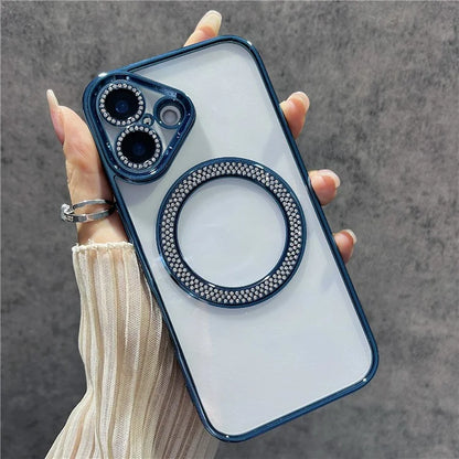 For iPhone 16 Magnetic Case Bling Rhinestone Clear TPU + PC Phone Cover
