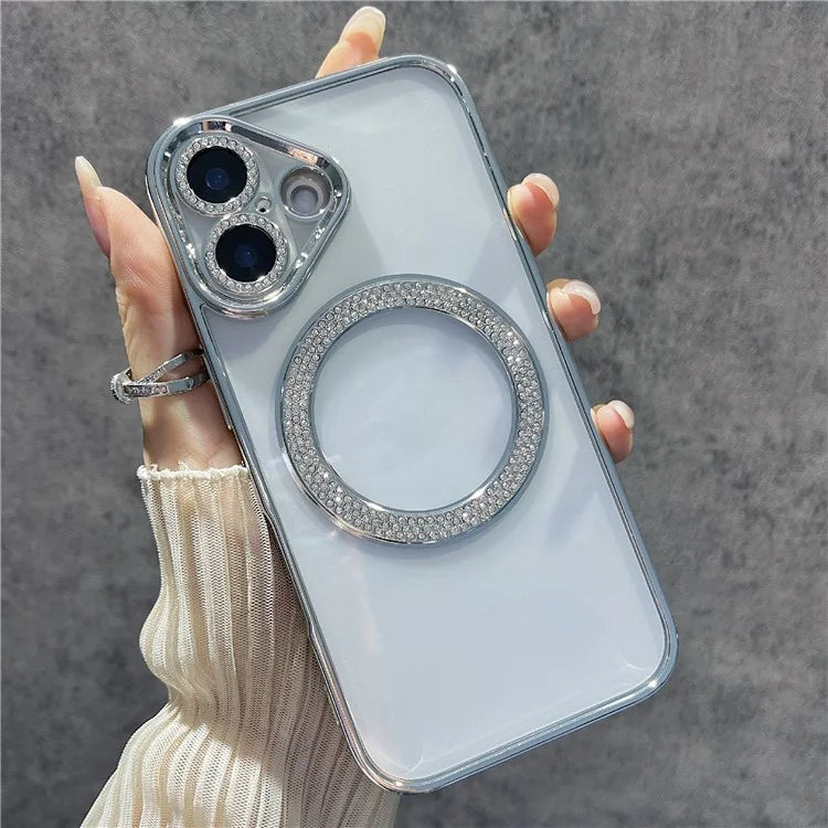 For iPhone 16 Magnetic Case Bling Rhinestone Clear TPU + PC Phone Cover