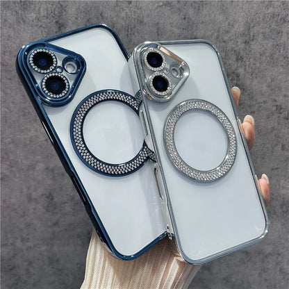 For iPhone 16 Magnetic Case Bling Rhinestone Clear TPU + PC Phone Cover