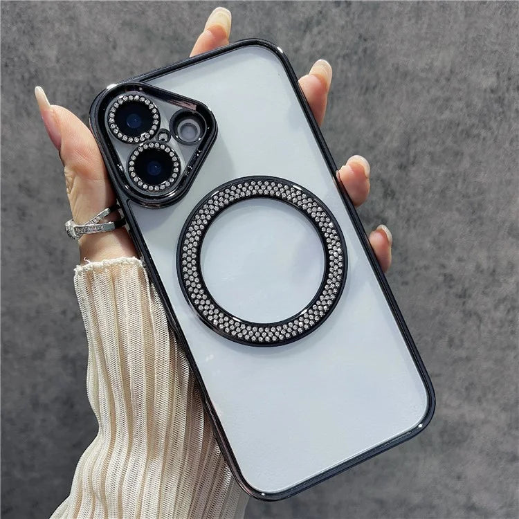 For iPhone 16 Magnetic Case Bling Rhinestone Clear TPU + PC Phone Cover