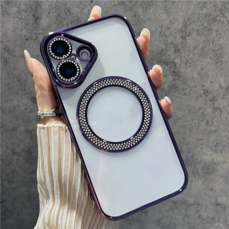 For iPhone 16 Plus Magnetic Case Bling Rhinestone Clear TPU + PC Phone Cover