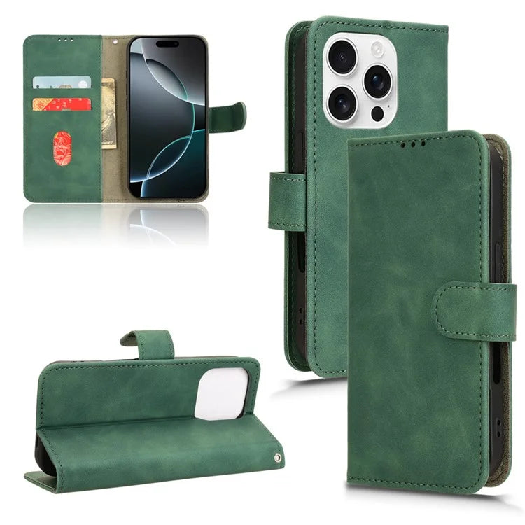 For iPhone 16 Pro Leather Case Skin-Feel Anti-Drop Wallet Flip Phone Cover