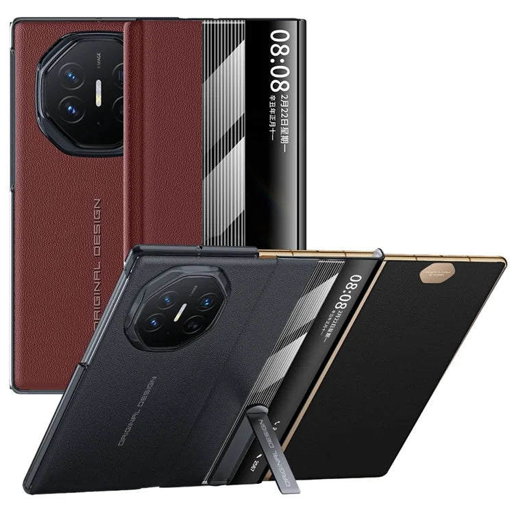 For Huawei Mate XT Ultimate Case Kickstand View Window Genuine Cow Leather+PC Phone Cover
