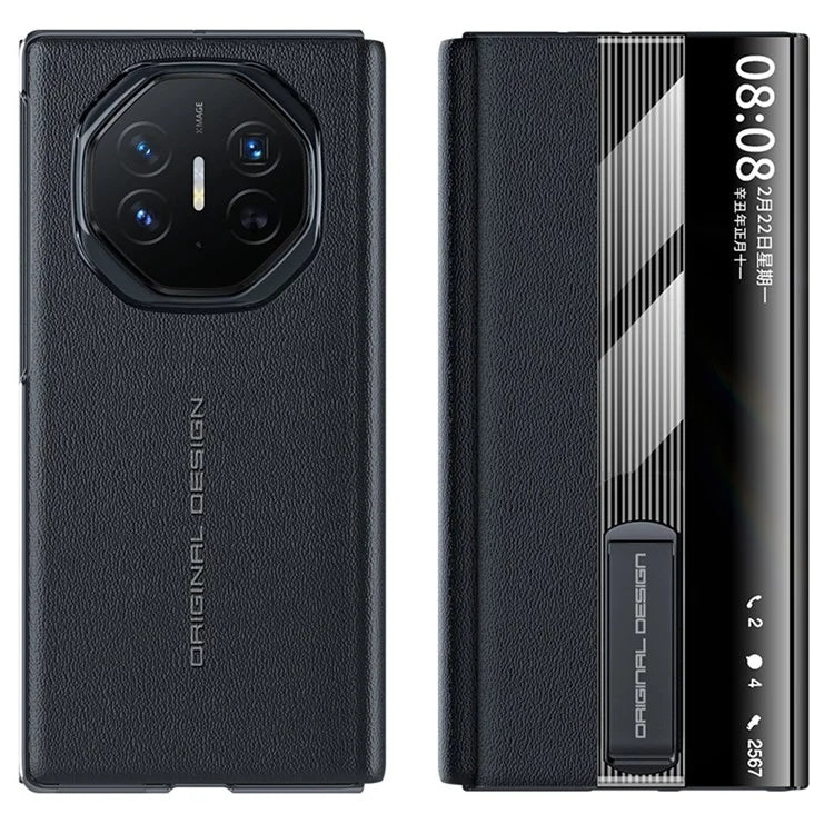 For Huawei Mate XT Ultimate Case Kickstand View Window Genuine Cow Leather+PC Phone Cover