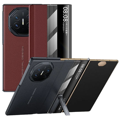 For Huawei Mate XT Ultimate Case Kickstand View Window Genuine Cow Leather+PC Phone Cover