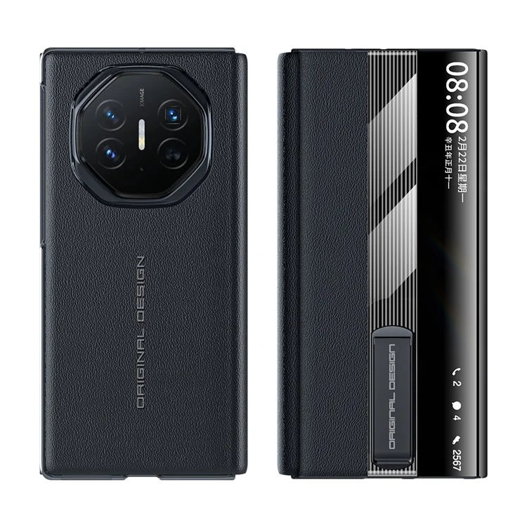 For Huawei Mate XT Ultimate Case Kickstand View Window Genuine Cow Leather+PC Phone Cover