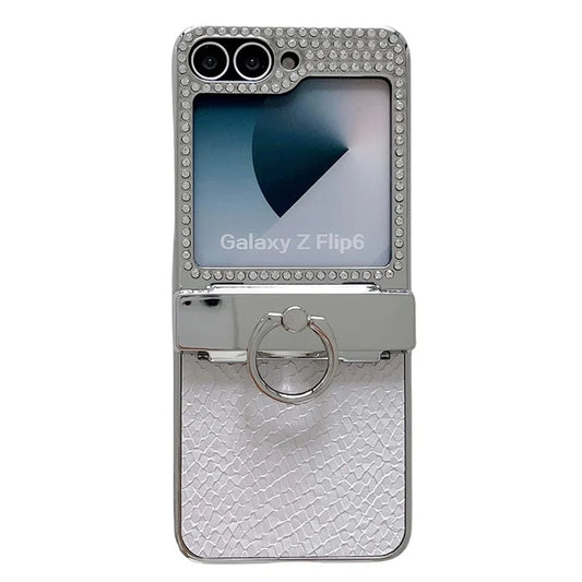 For Samsung Galaxy Z Flip6 5G Case Fish Scale Texture Ring Holder PC Rhinestone Phone Cover