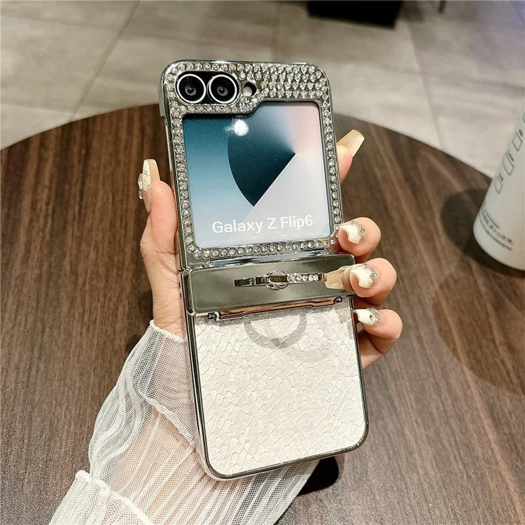 For Samsung Galaxy Z Flip6 5G Case Fish Scale Texture Ring Holder PC Rhinestone Phone Cover