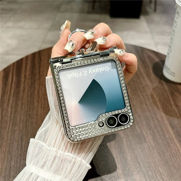 For Samsung Galaxy Z Flip6 5G Case Fish Scale Texture Ring Holder PC Rhinestone Phone Cover