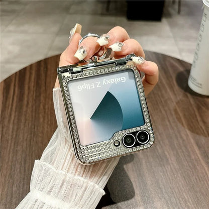 For Samsung Galaxy Z Flip6 5G Case Fish Scale Texture Ring Holder PC Rhinestone Phone Cover