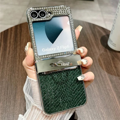 For Samsung Galaxy Z Flip6 5G Case Fish Scale Texture Ring Holder PC Rhinestone Phone Cover