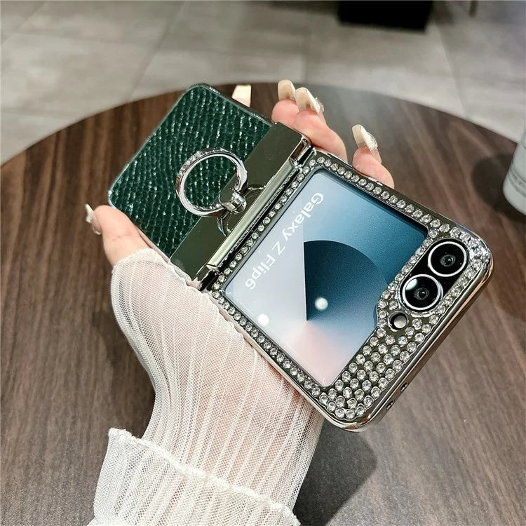 For Samsung Galaxy Z Flip6 5G Case Fish Scale Texture Ring Holder PC Rhinestone Phone Cover