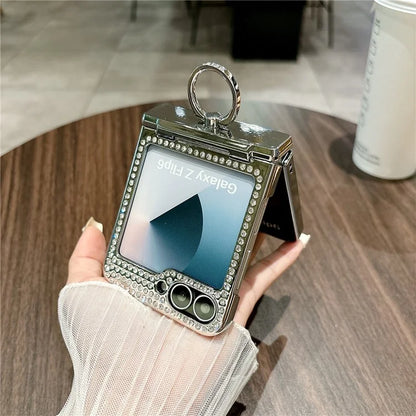 For Samsung Galaxy Z Flip6 5G Case Fish Scale Texture Ring Holder PC Rhinestone Phone Cover