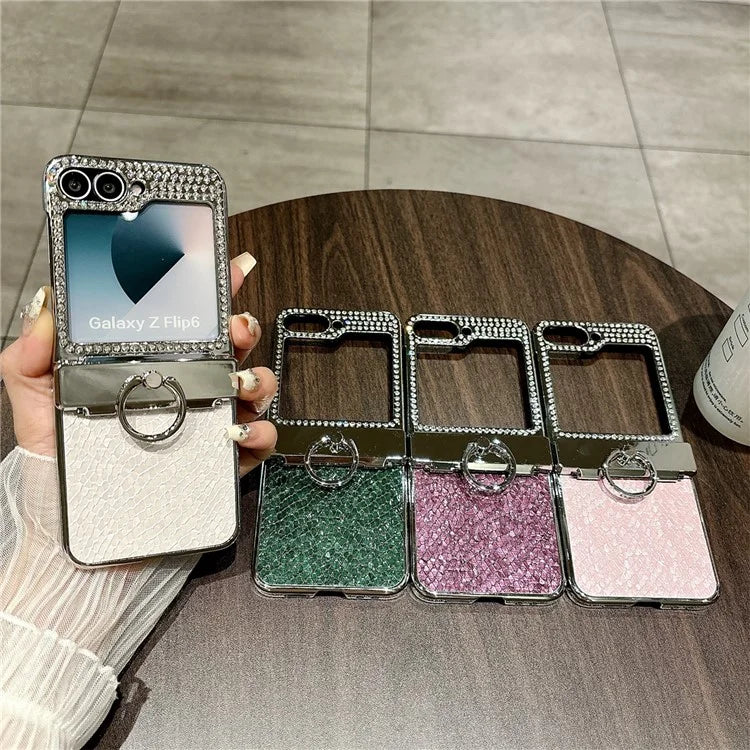 For Samsung Galaxy Z Flip6 5G Case Fish Scale Texture Ring Holder PC Rhinestone Phone Cover