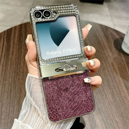 For Samsung Galaxy Z Flip6 5G Case Fish Scale Texture Ring Holder PC Rhinestone Phone Cover