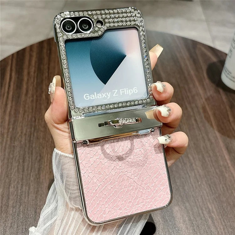 For Samsung Galaxy Z Flip6 5G Case Fish Scale Texture Ring Holder PC Rhinestone Phone Cover